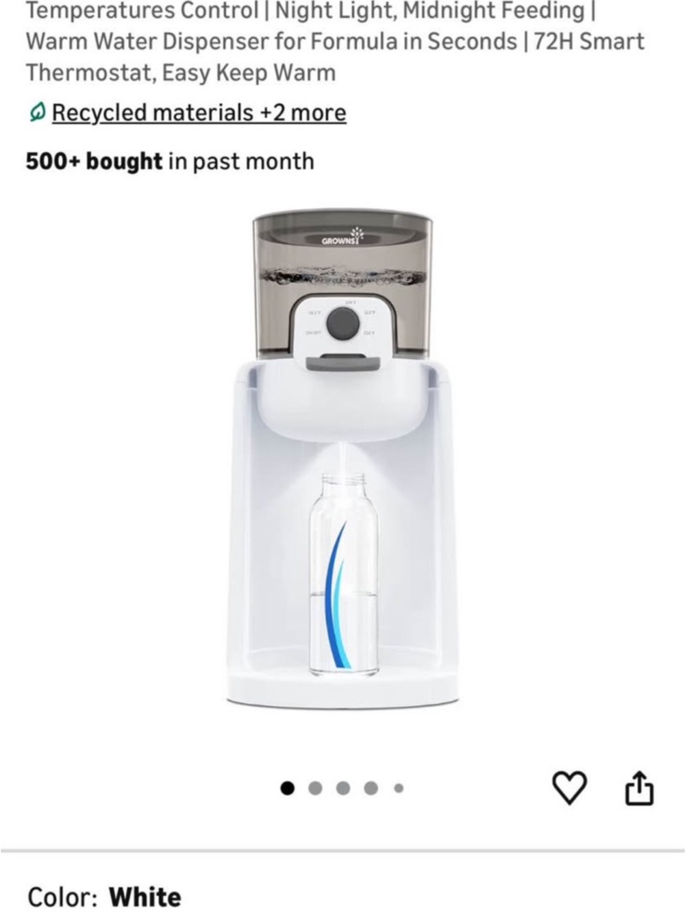 Grownsy White Baby Bottle Warmer & Water Dispenser